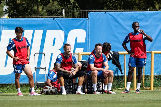 L to R: Doyoung Yoon, 1 FC Magdeburg, 27; Falko Michel, 1 FC Magdeburg, 21; Paul Jaeckel 1 FC Magdeburg, 6, Richmond Tachie 1 FC Magdeburg, 29 2026–2027 Bundesliga Season 1 FC Magdeburg training at the Avnet Arena in Magdeburg Soccer, Men,Men, Germany, August 11, 2026