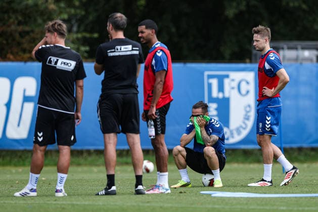 Baris Atik, 1 FC Magdeburg, 23, and Paul Jaeckel, 1 FC Magdeburg, 6, 2026–2027 Bundesliga season, 1 FC Magdeburg training at the Avnet Arena in Magdeburg, soccer, man,Men, Germany, August 11, 2026