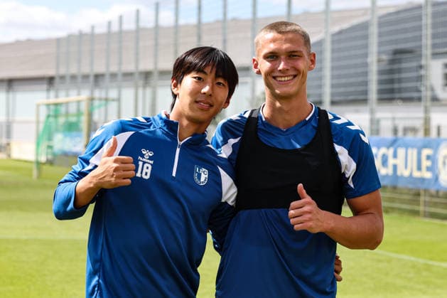 Chunghyun Lee, 1 FC Magdeburg,18, and Kevin Manthey, 1 FC Magdeburg, 20, warming up with the U-23 team of 1 FC Magdeburg for the evening match against Babelsberg 2 in the 2026–2027 Bundesliga season. 1 FC Magdeburg training at the Avnet Arena in Magdeburg. Soccer, Men,Men, Germany, August 11, 2026