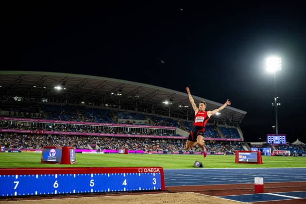 August 11, 2026: Simon Ehammer of Switzerland competes in the men’s long jump final during Day 2 of the 2026 European Athletics Championships on August 11, 2026 in Birmingham. Photo by Mathias Bergeld, BILDBYRAN, code MB MT1065. track and field, athletics, friidrett, friidrotts EM, 2026 European Athletics Championships, 2 bbeng  Copyright: MATHIASxBERGELD BB260811MB146