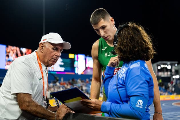 August 11, 2026: Bozhidar Saraboyukov of Bulgaria discusses with judges during the men’s long jump final on Day 2 of the 2026 European Athletics Championships on August 11, 2026 in Birmingham. Photo by Mathias Bergeld, BILDBYRAN, code MB MT1065. track and field, athletics, friidrett, friidrotts EM, 2026 European Athletics Championships, 2 bbeng  Copyright: MATHIASxBERGELD BB260811MB147