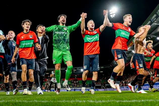NIJMEGEN NEC players celebrate their victory after the Champions League match between NEC and Olympiacos at De Goffert Stadium on August 11, 2026, in Nijmegen, the Netherlands