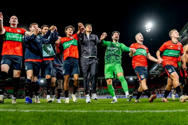 NIJMEGEN NEC players celebrate their victory after the Champions League match between NEC and Olympiacos at De Goffert Stadium on August 11, 2026, in Nijmegen, the Netherlands