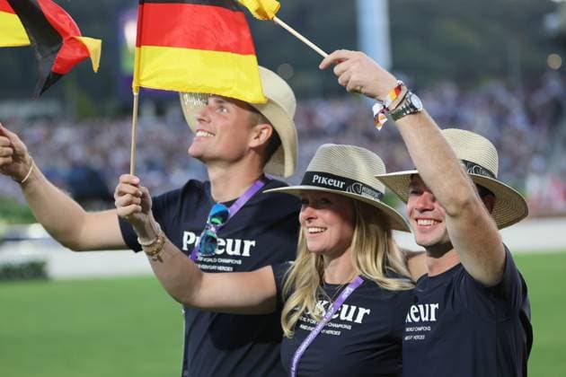 Raphael Netz (GER) with Selina Söder, daughter of Minister President Markus Söder, dressage, opening ceremony, AACHEN FEI World Championships 2026, World Equestrian Festival, 2026 World Equestrian Games, Aachen 2026, Welcome Home 2026, Aachener Soers, August 11–23, 2026, Equestrian Sports, August 11, 2026, Aachen Aachener Soers Germany