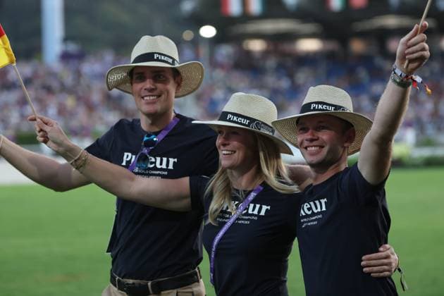 Raphael Netz (GER) with Selina Söder, daughter of Minister President Markus Söder and teammate of Frederic Wanders (GER), Opening Ceremony, AACHEN FEI World Championships 2026, World Festival of Equestrian Sports, 2026 World Equestrian Games, Aachen 2026, Welcome Home 2026, Aachener Soers, August 11–23, 2026, Equestrian Sports, August 11, 2026, Aachen Aachener Soers Germany
