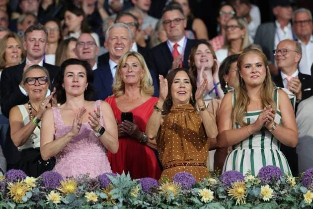 From left: Dorothee Bär, Federal Minister for Research, Technology, and Space of the Federal Republic of Germany; Queen Mary of Denmark, wife of King Frederik X; Princess Catharina Amalia Beatrix Carmen Victoria, Princess of Orange, Princess of the Netherlands, eldest daughter of King Willem-Alexander of the Netherlands; the president of the International Equestrian Federation (FEI) is Ingmar De Vos of Belgium; older sister of King Felipe VI of Spain, Infanta Elena; opening ceremony, AACHEN FEI World Championships 2026, World Festival of Equestrian Sports, 2026 Equestrian World Championships, Aachen 2026, Welcome Home 2026, Aachen Soers, August 11–23, 2026, Equestrian Sports, August 11, 2026, Aachen Soers, Germany