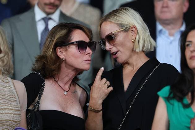 Eventing rider Bettina Hoy, 2006 World Champion, in conversation with 2006 Individual Eventing World Champion Zara Anne Elizabeth Tindall, MBE (née Phillips), daughter of Princess Anne, Opening Ceremony, AACHEN FEI World Championships 2026, World Festival of Equestrian Sports, 2026 Equestrian World Championships, Aachen 2026, Welcome Home 2026, Aachen Soers, August 11–23, 2026, Equestrian Sports, August 11, 2026, Aachen Soers, Germany
