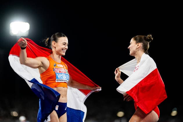 August 11, 2026: Nadine Visser of the Netherlands and Pia Skrzyszowska of Poland celebrate after the women’s 100-meter hurdles final on Day 2 of the 2026 European Athletics Championships on August 11, 2026 in Birmingham. Photo by Maxim Thore. BILDBYRAN code MT MT1065 track and field athletics friidrett friidrotts em em friidretts em 2026 European Athletics Championships 2 bbeng  Copyright: MAXIMxTHORE BB260811MT103