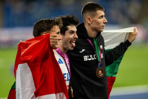 August 11, 2026: Simon Ehammer of Switzerland, Miltiadis Tentogloui of Greece, and Bozhidar Saraboyukov of Bulgaria celebrate after the men’s long jump final on Day 2 of the 2026 European Athletics Championships on August 11, 2026 in Birmingham. Photo by Mathias Bergeld. BILDBYRAN code MB MT1065. track and field, athletics, friidrett, friidrotts EM, 2026 European Athletics Championships, 2 bbeng  Copyright: MATHIASxBERGELD BB260811MB151