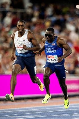 August 11, 2026: Romell Glave of Great Britain competes in the men’s 100-meter final during Day 2 of the 2026 European Athletics Championships on August 11, 2026 in Birmingham. Photo by Maxim Thore. BILDBYRAN code MT MT1065 track and field athletics friidrett friidrotts em em friidretts em 2026 European Athletics Championships 2 bbeng  Copyright: MAXIMxTHORE BB260811MT106