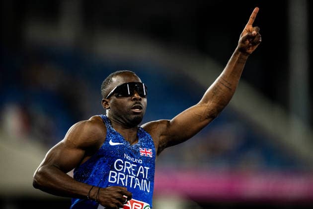 August 11, 2026: Romell Glave of Great Britain celebrates after the men’s 100-meter final on Day 2 of the 2026 European Athletics Championships on August 11, 2026 in Birmingham. Photo by Maxim Thore. BILDBYRAN code MT MT1065 track and field athletics friidrett friidrotts em em friidretts em 2026 European Athletics Championships 2 bbeng  Copyright: MAXIMxTHORE BB260811MT105