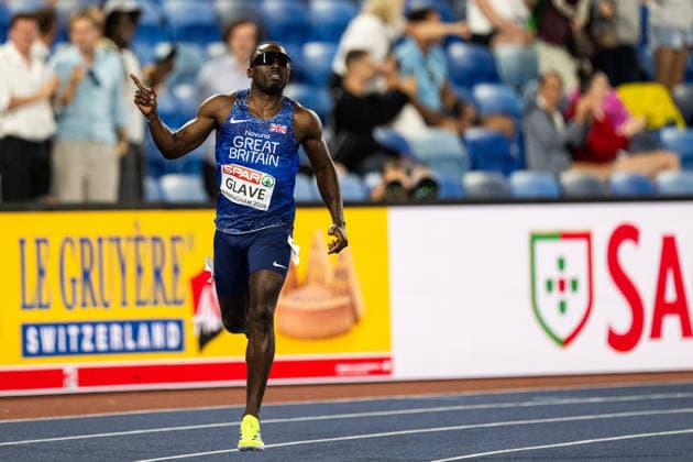 August 11, 2026: Romell Glave of Great Britain celebrates after the men’s 100-meter final on Day 2 of the 2026 European Athletics Championships in Birmingham. 2026 in Birmingham. Photo by Mathias Bergeld. BILDBYRAN code MB MT1065. track and field, athletics, friidrett, friidrotts EM, 2026 European Athletics Championships, 2 bbeng  Copyright: MATHIASxBERGELD BB260811MB153