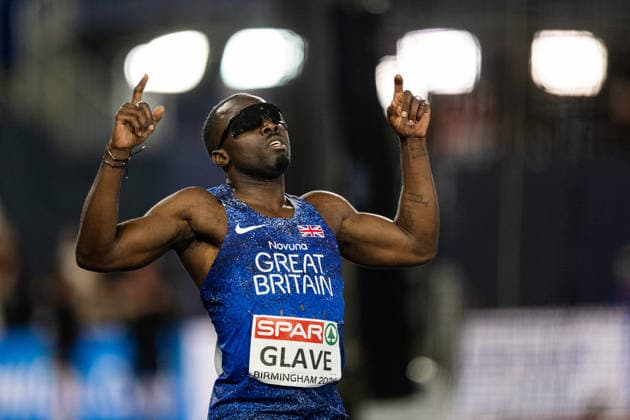 August 11, 2026: Romell Glave of Great Britain celebrates after the men’s 100-meter final on Day 2 of the 2026 European Athletics Championships in Birmingham. 2026 in Birmingham. Photo by Mathias Bergeld. BILDBYRAN code MB MT1065. track and field, athletics, friidrett, friidrotts EM, 2026 European Athletics Championships, 2 bbeng  Copyright: MATHIASxBERGELD BB260811MB154