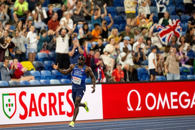 August 11, 2026: Romell Glave of Great Britain celebrates after the men’s 100-meter final on Day 2 of the 2026 European Athletics Championships in Birmingham. 2026 in Birmingham. Photo by Mathias Bergeld. BILDBYRAN code MB MT1065. track and field, athletics, friidrett, friidrotts EM, 2026 European Athletics Championships, 2 bbeng  Copyright: MATHIASxBERGELD BB260811MB155