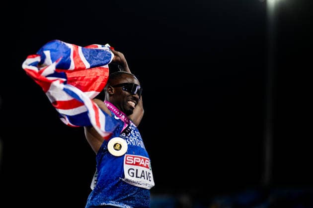 August 11, 2026: Romell Glave of Great Britain celebrates after the men’s 100-meter final on Day 2 of the 2026 European Athletics Championships on August 11, 2026 in Birmingham. Photo by Maxim Thore. BILDBYRAN code MT MT1065 track and field athletics friidrett friidrotts em em friidretts em 2026 European Athletics Championships 2 bbeng  Copyright: MAXIMxTHORE BB260811MT107