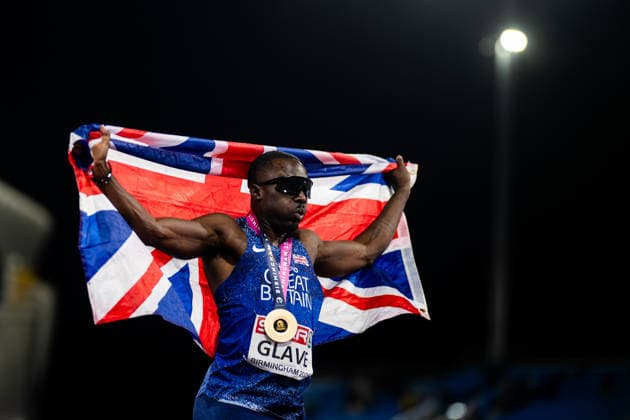 August 11, 2026: Romell Glave of Great Britain celebrates after the men’s 100-meter final on Day 2 of the 2026 European Athletics Championships on August 11, 2026 in Birmingham. Photo by Maxim Thore. BILDBYRAN code MT MT1065 track and field athletics friidrett friidrotts em em friidretts em 2026 European Athletics Championships 2 bbeng  Copyright: MAXIMxTHORE BB260811MT108