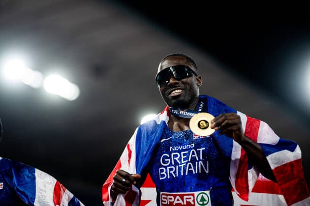 August 11, 2026: Romell Glave of Great Britain celebrates after the men’s 100-meter final on Day 2 of the 2026 European Athletics Championships on August 11, 2026 in Birmingham. Photo by Maxim Thore. BILDBYRAN code MT MT1065 track and field athletics friidrett friidrotts em em friidretts em 2026 European Athletics Championships 2 bbeng  Copyright: MAXIMxTHORE BB260811MT109