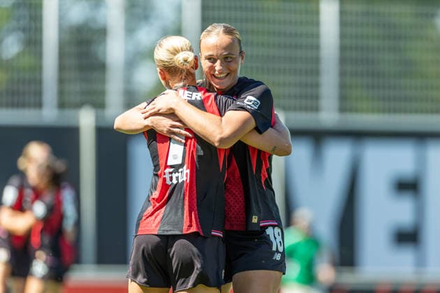 Cornelia Kramer of Bayer 04 Leverkusen celebrates the goal with her teammates after scoring the 1-0 goal during a preseason friendly match between the Bayer 04 Leverkusen Women and the Feyenoord Rotterdam Women at Ulrich Haberland Stadium on August 8, 2026, in Leverkusen, Germany. Photo by Mario Hommes, DeFodi Images. Cornelia Kramer of Bayer 04 Leverkusen celebrates with her teammates after scoring her team’s first goal during the preseason friendly match between Bayer 04 Leverkusen Women and Feyenoord Rotterdam at Ulrich Haberland Stadium on August 8, 2026 in Leverkusen, Germany. Photo by Mario Hommes, DeFodi Images. Photo by Mario Hommes, DeFodi Images.