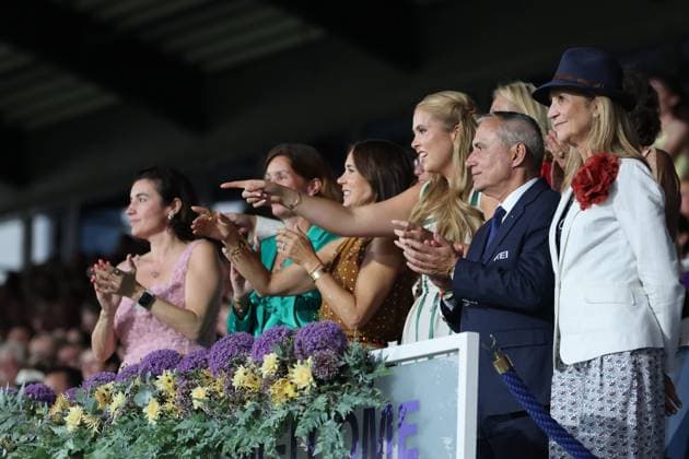 From left: Dorothee Bär, Federal Minister for Research, Technology, and Space of the Federal Republic of Germany; President of the Aachen Laurensberger Racing Club (ALRV), which organizes the CHIO Aachen and the World Championships; Stefanie Peters, Queen Mary of Denmark, wife of King Frederik X, Princess Catharina Amalia Beatrix Carmen Victoria, Princess of Orange, Princess of the Netherlands, eldest daughter of King Willem-Alexander of the Netherlands; the President of the International Equestrian Federation (FEI) is Ingmar De Vos of Belgium; older sister of King Felipe VI of Spain, Infanta Elena; opening ceremony, AACHEN FEI World Championships 2026, World Festival of Equestrian Sports, 2026 World Equestrian Games, Aachen 2026, Welcome Home 2026, Aachen Soers, August 11–23, 2026, Equestrian Sports, August 11, 2026, Aachen Soers, Germany