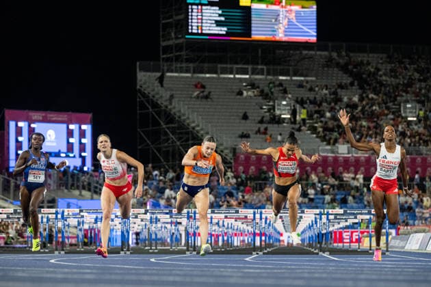 August 11, 2026 Marcia Sey of Great Britain, Pia Skrzyszowska of Poland, Nadine Visser of the Netherlands, Ditaji Kambundji of Switzerland, and Laeticia BaptÃ of France compete in the women’s 100-meter hurdles final on day 2 of the 2026 European Athletics Championships on August 11, 2026 in Birmingham. Photo by Mathias Bergeld. BILDBYRAN code MB MT1065. track and field athletics friidrett friidrotts em em friidretts em 2026 european athletics championships 2 bbeng  Copyright: MATHIASxBERGELD BB260811MB157