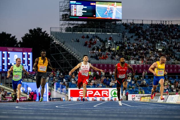 August 11, 2026: Anej Curin Prapotnik of Slovenia, Owen Ansah of Germany, Dominik Kopec of Poland, Timothé Mumenthaler of Switzerland, and Henrik Larsson of Sweden compete in the men’s 100-meter semifinal on Day 2 of the 2026 European Athletics Championships on August 11, 2026 in Birmingham. Photo by Mathias Bergeld. BILDBYRAN code MB MT1065. track and field, athletics, friidrett, friidrotts EM, 2026 European Athletics Championships, 2 bbeng Copyright: MATHIASxBERGELD BB260811MB160