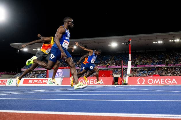 August 11, 2026: Jeremiah Azu and Romell Glave of Great Britain compete in the men’s 100-meter final during Day 2 of the 2026 European Athletics Championships on August 11, 2026 in Birmingham. Photo by Mathias Bergeld. BILDBYRAN code MB MT1065. track and field, athletics, friidrett, friidrotts EM, 2026 European Athletics Championships, 2 bbeng  Copyright: MATHIASxBERGELD BB260811MB161