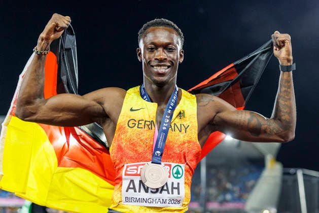BIRMINGHAM, GREAT BRITAIN - AUGUST 11, 2026 : Owen ANSAH (GER Germany) wins Bronze in the 100m final during the European Athletics Championships at Alexander Stadium on August 11, 2026 in Birmingham, Great Britain. Great Britain Copyright: xAxelxKohringx