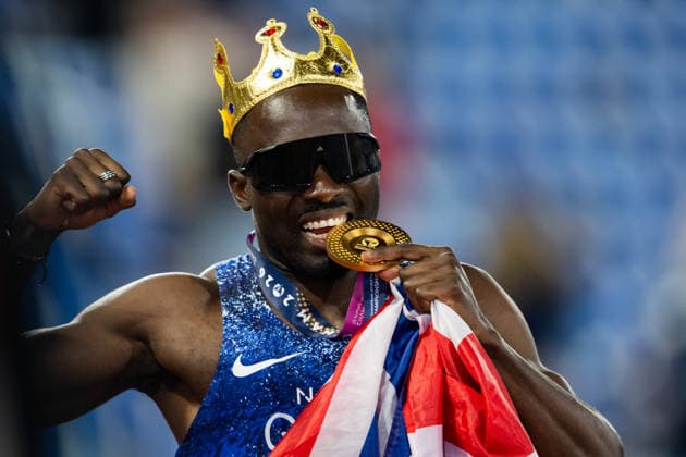 August 11, 2026: Romell Glave of Great Britain celebrates after the men’s 100-meter final on Day 2 of the 2026 European Athletics Championships in Birmingham. 2026 in Birmingham. Photo by Mathias Bergeld. BILDBYRAN code MB MT1065. track and field, athletics, friidrett, friidrotts EM, 2026 European Athletics Championships, 2 bbeng  Copyright: MATHIASxBERGELD BB260811MB162