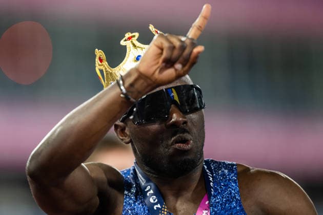 August 11, 2026: Romell Glave of Great Britain celebrates after the men’s 100-meter final on Day 2 of the 2026 European Athletics Championships in Birmingham. 2026 in Birmingham. Photo by Mathias Bergeld. BILDBYRAN code MB MT1065. track and field, athletics, friidrett, friidrotts EM, 2026 European Athletics Championships, 2 bbeng  Copyright: MATHIASxBERGELD BB260811MB163
