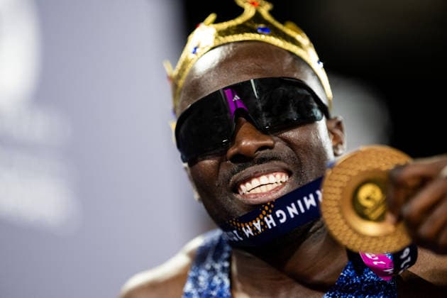 August 11, 2026: Romell Glave of Great Britain celebrates after the men’s 100-meter final on Day 2 of the 2026 European Athletics Championships in Birmingham. 2026 in Birmingham. Photo by Mathias Bergeld. BILDBYRAN code MB MT1065. track and field, athletics, friidrett, friidrotts EM, 2026 European Athletics Championships, 2 bbeng  Copyright: MATHIASxBERGELD BB260811MB164