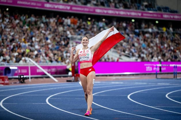 August 11, 2026, GBR, Track and Field, 2026 European Championships, Evening Session, Day 2, Birmingham: Pia Skrzyszowska of Poland celebrates her second-place finish and silver medal in the women’s 100-meter hurdles final at Alexander Stadium in Birmingham, England, United Kingdom Copyright: xNordphoto Memmlerx