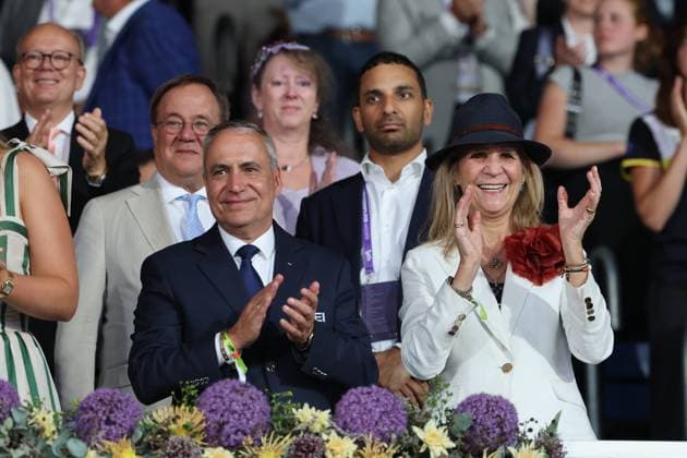 From left: Ingmar De Vos of Belgium, President of the International Equestrian Federation (FEI); Infanta Elena, the older sister of King Felipe VI of Spain; Opening Ceremony; AACHEN FEI World Championships 2026; World Festival of Equestrian Sports; 2026 Equestrian World Championships; Aachen 2026, Welcome Home 2026, Aachen Soers, August 11–23, 2026, Equestrian Sports, August 11, 2026, Aachen Soers, Germany