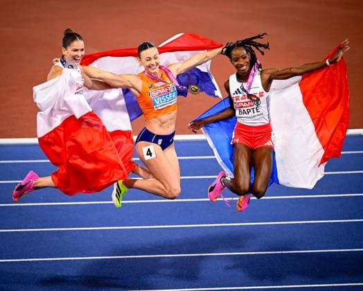 European Athletics Championships Birmingham 2026 - day 2 BIRMINGHAM, ENGLAND - AUGUST 11 : Skrzyszowska Pia (POL), Visser Nadine (NED) and Bapte Laeticia (FRA) in action during the 100m hurdles final on day 2 of the Birmingham 2026 European Athletics Championships on August 11, 2026 in Birmingham, England, 11 08 2026  Copyright: xTomasxSiskx