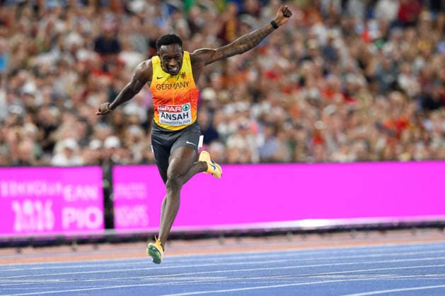 BIRMINGHAM, GREAT BRITAIN - August 11: Own Ansah (Germany) winning silver over 100 metres during the European Athletics Championships 2026 at Alexander Stadium in Birmingham, Great Britain (Photo by Sven Beyrich Sports Press Photo) Copyright: xSvenxBeyrich SportsxPressxPhotox Sportspressphoto_SPR204371