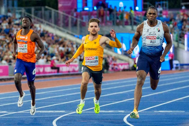BIRMINGHAM, GREAT BRITAIN - AUGUST 11, 2026 : 100m semi final with Taymir BURNET (NED Netherlands), Heiko GUSSMANN (GER Germany) and Chituru ALI (ITA Italy) during the European Athletics Championships at Alexander Stadium on August 11, 2026 in Birmingham, Great Britain. Great Britain Copyright: xLeahxKohringx