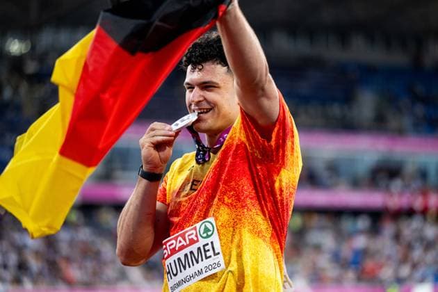 August 11, 2026, GBR, Track and Field, 2026 European Championships, Evening Session, Day 2, Birmingham Merlin Hummel Germany celebrates second place and the silver medal, Men s Hammer Throw, Final, Alexander Stadium, Birmingham, England, Great Britain Copyright: xNordphoto Memmlerx