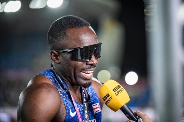 RECORD DATE NOT STATED 11th August 2026; Alexander Stadium, Birmingham, Midlands, England; 2026 European Athletics Championships, Day Two; Romell Glave (GBR) is interviewed by BBC after winning the mens 100m GodfreyxPitt