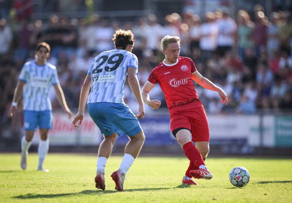 Soccer WFV Cup 2026–2027, Round 3, August 11, 2026: FC Rottenburg vs. SV Stuttgarter Kickers—Loris Zettel (right), FC Rottenburg, vs. David Stojak (left), Kickers