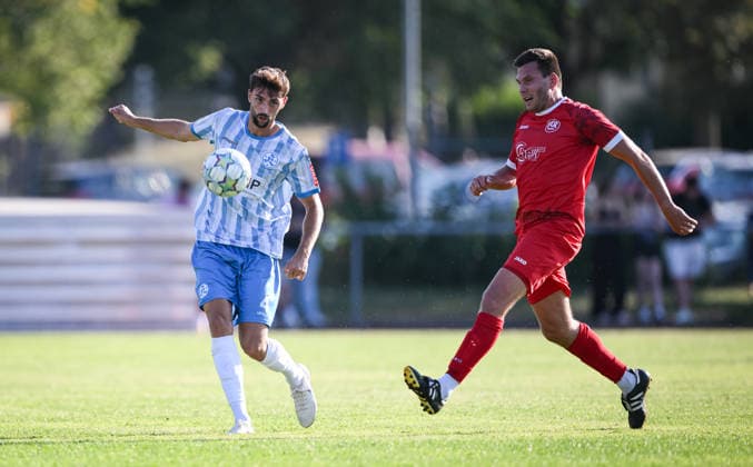 Soccer WFV Cup 2026–2027, Round 3, August 11, 2026: FC Rottenburg vs. SV Stuttgarter Kickers. Elvir Zukaj (left, Kickers) vs. Rene Hirschka (right, FC Rottenburg)