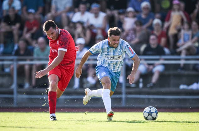 Soccer WFV Cup 2026–2027, Round 3, August 11, 2026: FC Rottenburg vs. SV Stuttgarter Kickers. Yannick Glessing (right), Kickers, vs. Rene Hirschka (left), FC Rottenburg