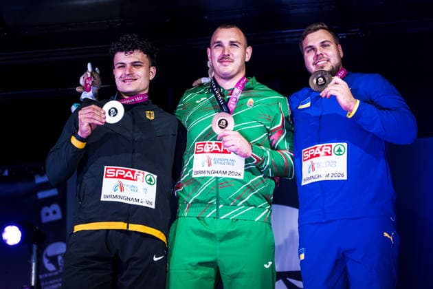 European Athletics Championships, Birmingham, August 11, 2026 BIRMINGHAM, UNITED KINGDOM AUGUST 11 Podium for the men s hammer throw, from left to right: Merlin Hummel GER (Germany), Bence Halasz (HUN) Hungary, Mykhaylo Kokhan (UKR) Ukraine, on August 11, 2026, in Birmingham, United Kingdom Copyright: xBEAUTIFULxSPORTS UlfxSchillerx