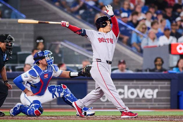 August 11, 2026, Toronto, On, Canada: Boston Red Sox s Masataka Yoshida (7) hits a double against the Toronto Blue Jays during ninth inning MLB, Baseball Herren, USA baseball action in Toronto, on Tuesday, Aug. 11, 2026. Canada News - August 11, 2026 - ZUMAc35_ 20260811_zaf_c35_141 Copyright: xSammyxKoganx