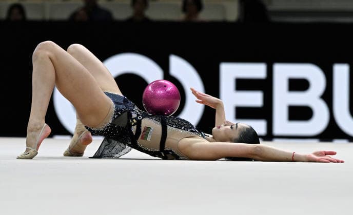 August 12, 2026, xhbx, 2026 Rhythmic Gymnastics World Championships, from left: Eva Brezalieva, Bulgaria, DFL, DFB. REGULATIONS PROHIBIT ANY USE OF PHOTOGRAPHS AS IMAGE SEQUENCES AND OR QUASI-VIDEO. Frankfurt am Main