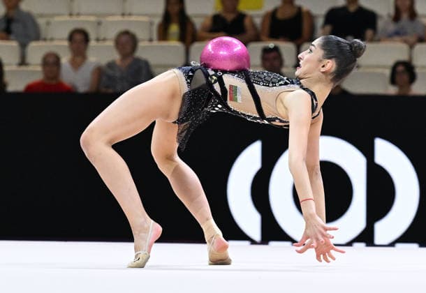 August 12, 2026, xhbx, 2026 Rhythmic Gymnastics World Championships, from left: Eva Brezalieva, Bulgaria, DFL, DFB. REGULATIONS PROHIBIT ANY USE OF PHOTOGRAPHS AS IMAGE SEQUENCES AND OR QUASI-VIDEO. Frankfurt am Main