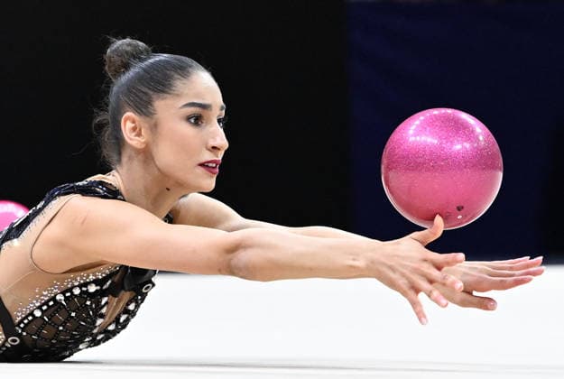 August 12, 2026, xhbx, 2026 Rhythmic Gymnastics World Championships, from left: Eva Brezalieva, Bulgaria, DFL, DFB. REGULATIONS PROHIBIT ANY USE OF PHOTOGRAPHS AS IMAGE SEQUENCES AND OR QUASI-VIDEO. Frankfurt am Main