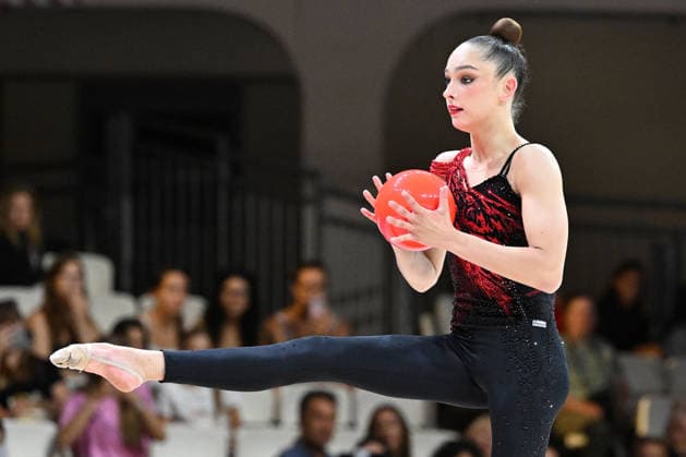 August 12, 2026, xhbx, 2026 Rhythmic Gymnastics World Championships, from left: Daniela Munits, Israel, ball routine. DFL and DFB regulations prohibit any use of photographs as image sequences and or quasi-video. Frankfurt am Main