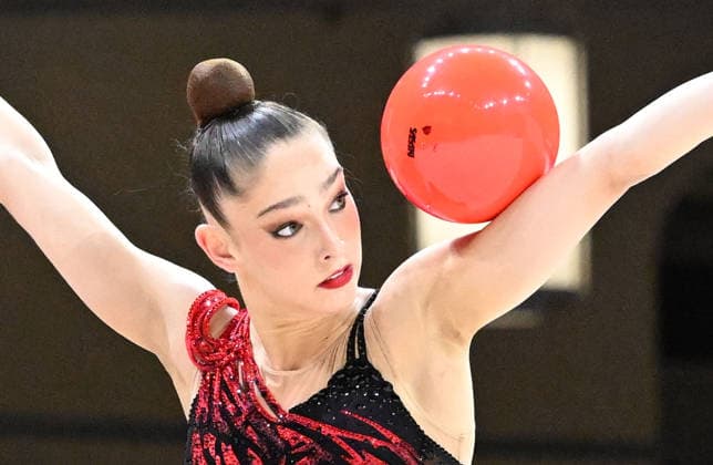 August 12, 2026, xhbx, 2026 Rhythmic Gymnastics World Championships, from left: Daniela Munits, Israel, ball routine. DFL and DFB regulations prohibit any use of photographs as image sequences and or quasi-video. Frankfurt am Main