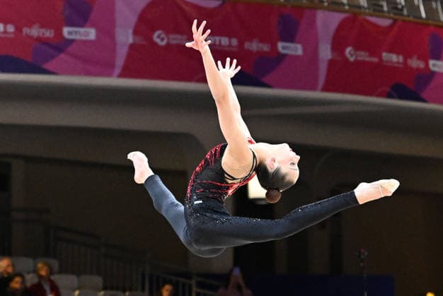 August 12, 2026, xhbx, 2026 Rhythmic Gymnastics World Championships, from left: Daniela Munits, Israel, ball routine. DFL and DFB regulations prohibit any use of photographs as image sequences and or quasi-video. Frankfurt am Main