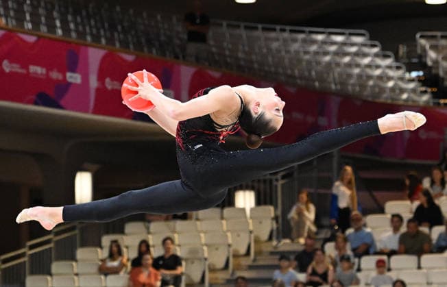 August 12, 2026, xhbx, 2026 Rhythmic Gymnastics World Championships, from left: Daniela Munits, Israel, ball routine. DFL and DFB regulations prohibit any use of photographs as image sequences and or quasi-video. Frankfurt am Main