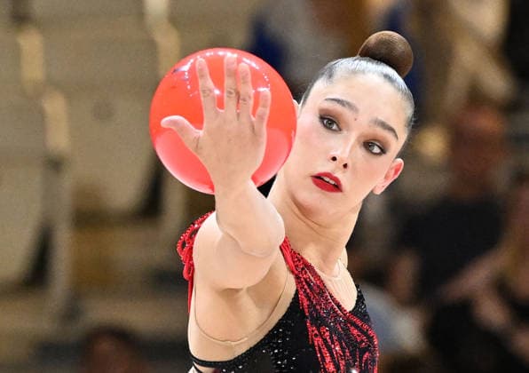 August 12, 2026, xhbx, 2026 Rhythmic Gymnastics World Championships, from left: Daniela Munits, Israel, ball routine. DFL and DFB regulations prohibit any use of photographs as image sequences and or quasi-video. Frankfurt am Main